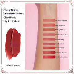 Flower Knows Strawberry Rococo Cloud Lip Cream swatches on skin showing burgundy shade longevity potential