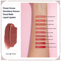 Flower Knows Strawberry Rococo lip swatch reveals warm brown nude shade versatile for many looks.