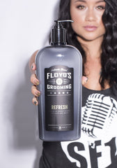 Floyd's 99 Refresh conditioner pump closeup; soothing mint oils cool the scalp.