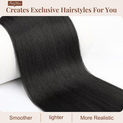 Flufymooz clip-in ponytail natural-black closeup demonstrates secure attachment for all-day wear