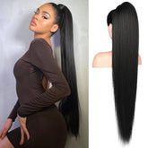 Flufymooz pony-tail 36in straight drawstring closeup shows natural shine for daily wear