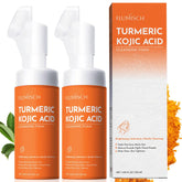 FluMisch Turmeric Kojic Acid foaming cleanser bottle shows brightening formula for radiant skin.