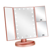 Flymiro tri-fold lighted vanity mirror front view highlights rose-gold elegance for daily grooming.