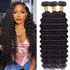 Flyzhuim Deep Wave Bundles 22-inch natural black, smooth texture for voluminous daily wear.