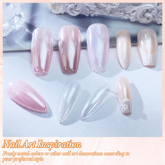 FNNZ white chrome nail powder on UV gel nails shows high-gloss reflective finish