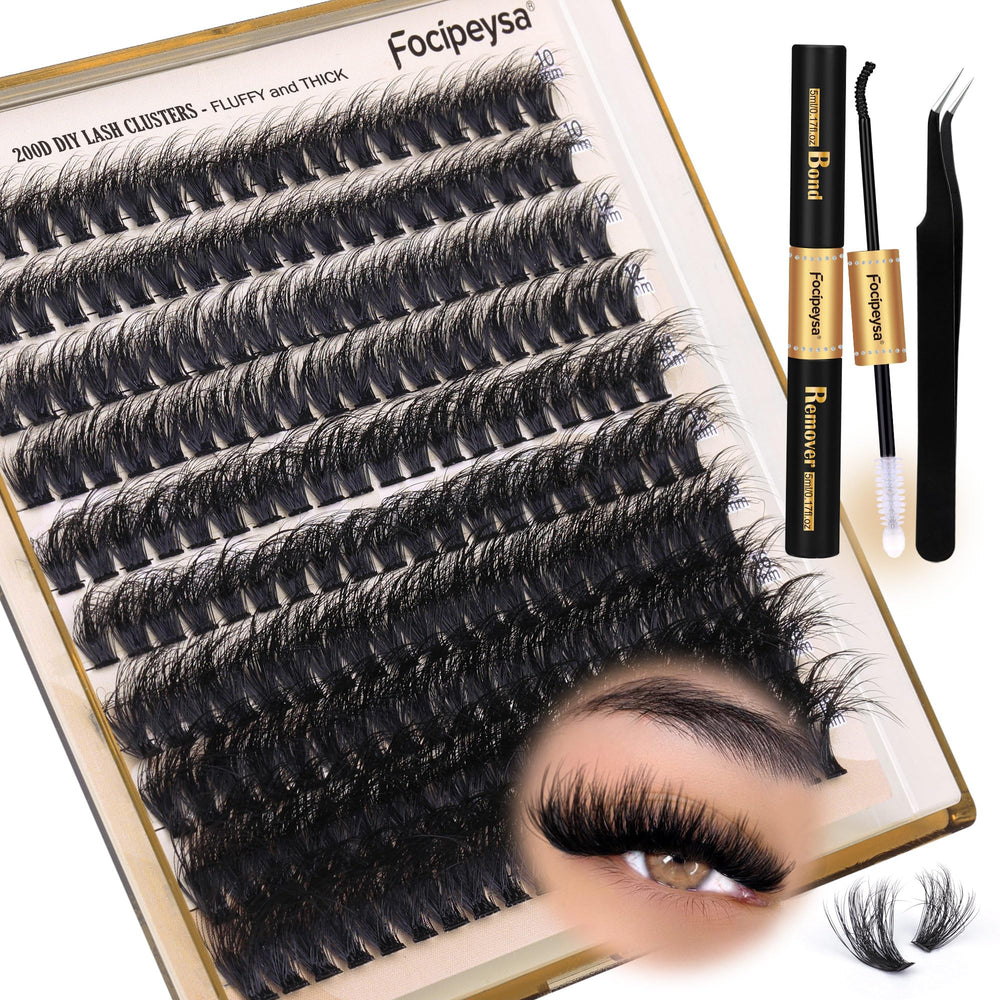 Focipeysa lash extension kit packaging shows all components for at-home DIY lashes.