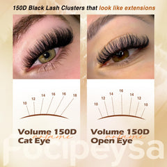Focipeysa matte black D curl clusters 10-18mm for natural-looking volume.