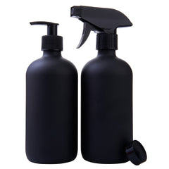 Focus Nutrition black Boston round bottles front view for stylish, reusable glass storage