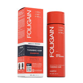 Foligain Triple Action Shampoo bottle highlights scalp-friendly formula for fuller-looking hair.