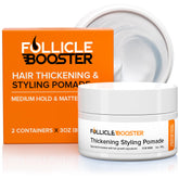 Follicle Booster hair growth pomade jar close-up showing thinning-hair support ingredients.