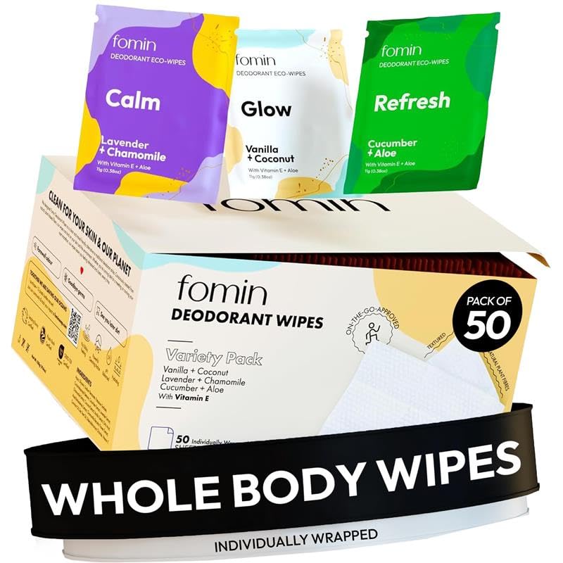 FOMIN travel deodorant wipes 50-count variety pack for on-the-go freshness.
