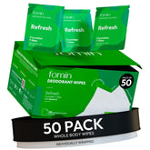 FOMIN Travel Deodorant Wipes packaging with 50-count box for on-the-go freshness.