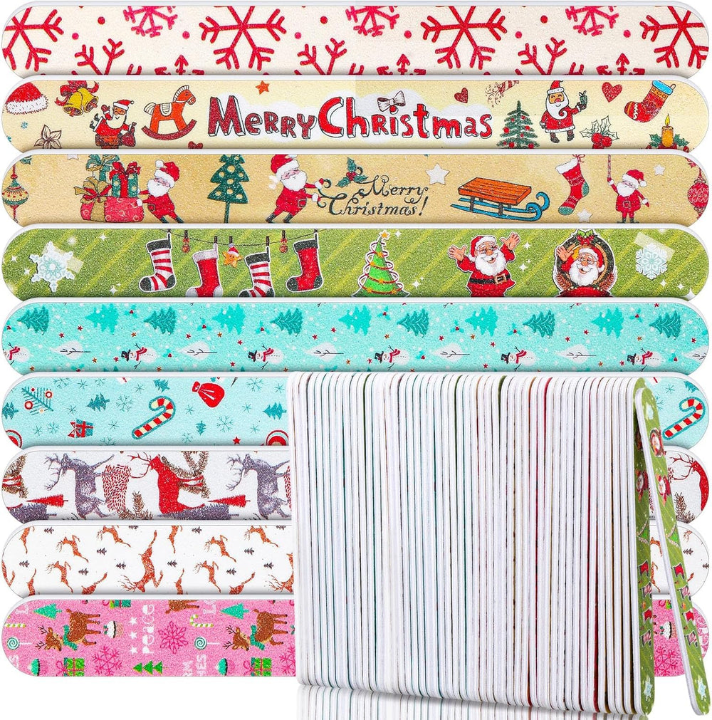 FOMIYES Christmas nail files bulk set packaging with festive designs for gift-ready manicure.