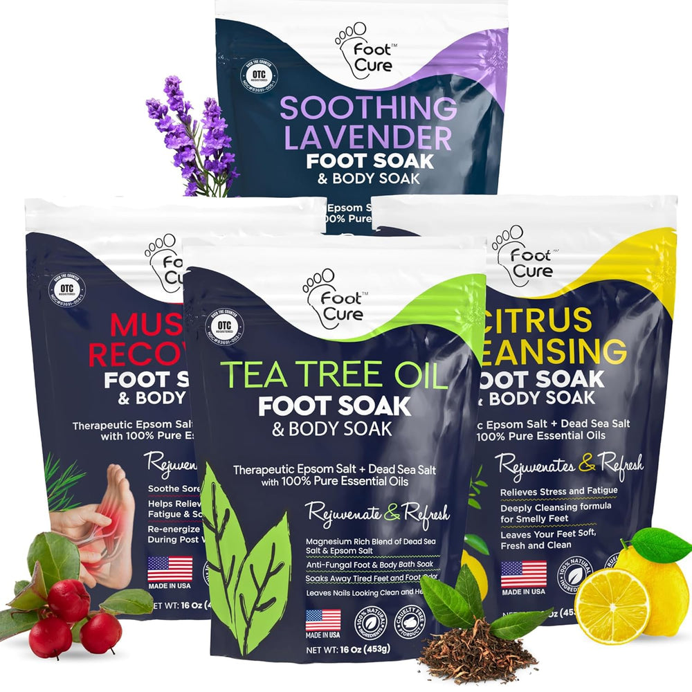 Foot Cure premium epsom-salt foot soak packaging for at-home foot care.