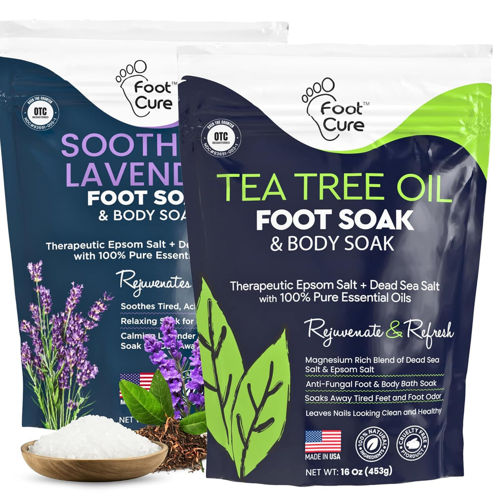 FOOT CURE tea tree oil lavender soak bottle pour promotes spa-like foot care at home