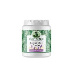 Foot Sense open jar revealing fine talc-free texture, highlights moisture absorption