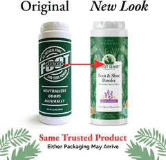 Foot Sense powder applied to shoe insole, reduces odor and keeps shoes dry