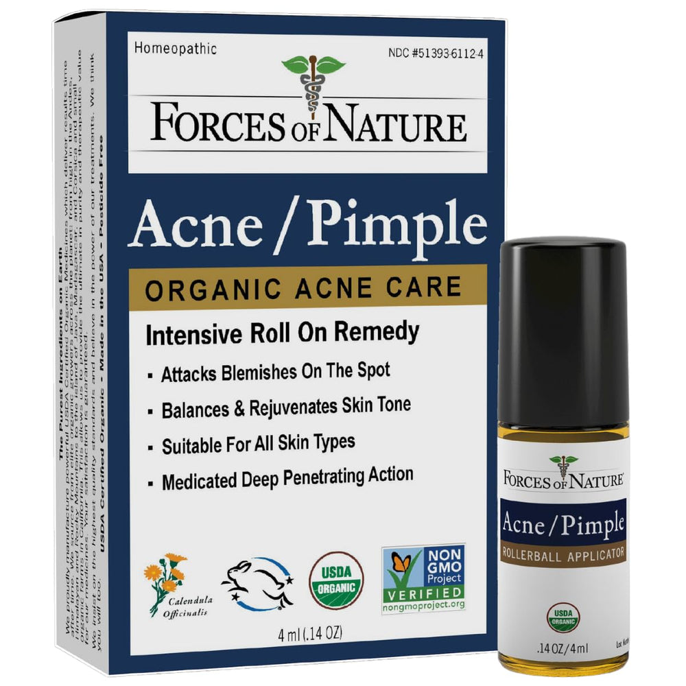 Forces of Nature acne rollerball close-up for precise spot treatment, fast-acting.