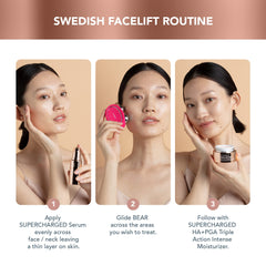 FOREO BEAR in use during cheek contour massage for a lifted look.