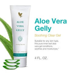 Forever Living Aloe Vera Gelly label highlights pure aloe and vegan formula for sensitive skin.