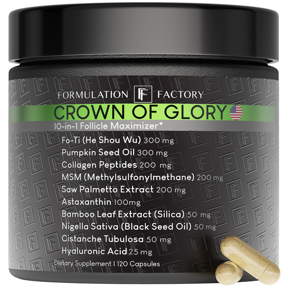 Formulation Factory Crown of Glory bottle front supports hair health and fullness