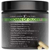 Formulation Factory Crown of Glory bottle front supports hair health and fullness