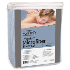 ForPro Massage fitted sheet in Wisteria shows secure fit with all-around elastic for standard tables.