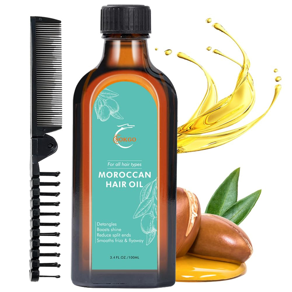 Fovcos Moroccan Argan Treatment Oil bottle for smoother, frizz-free hair.