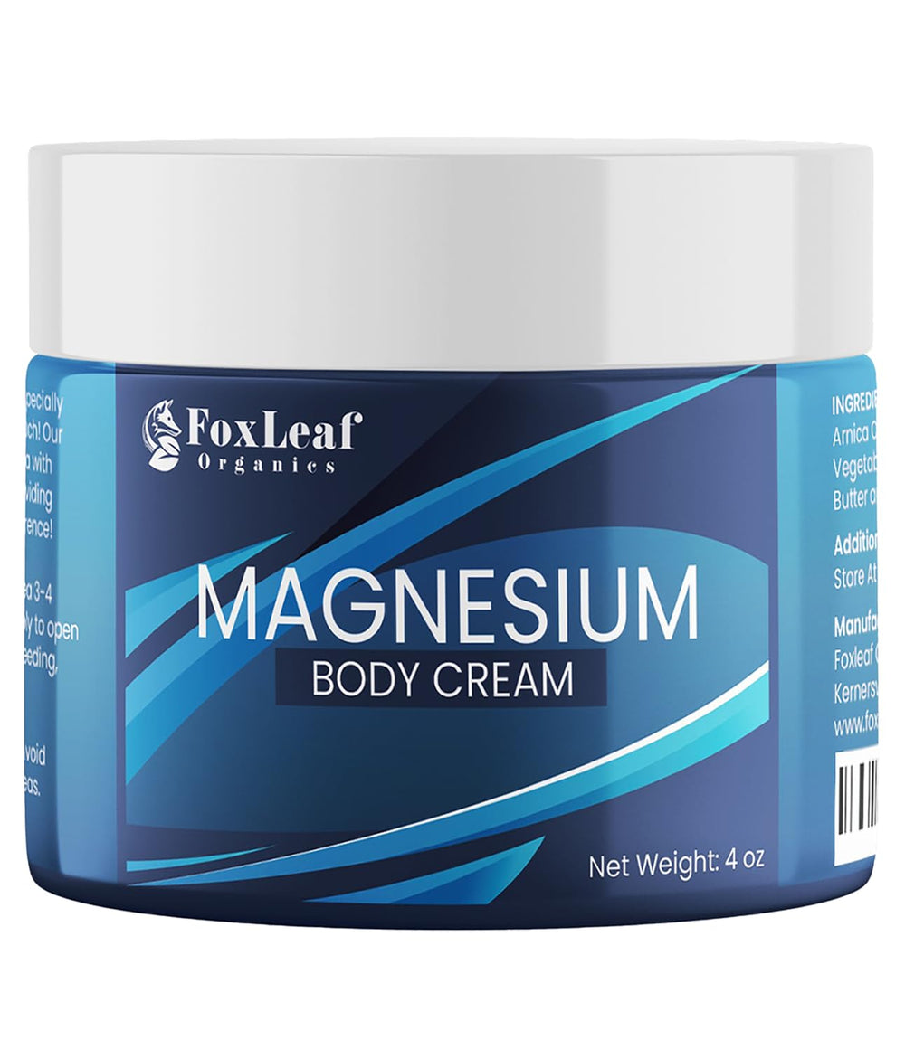 FOXLEAF magnesium cream front packaging showing product and benefit of topical magnesium