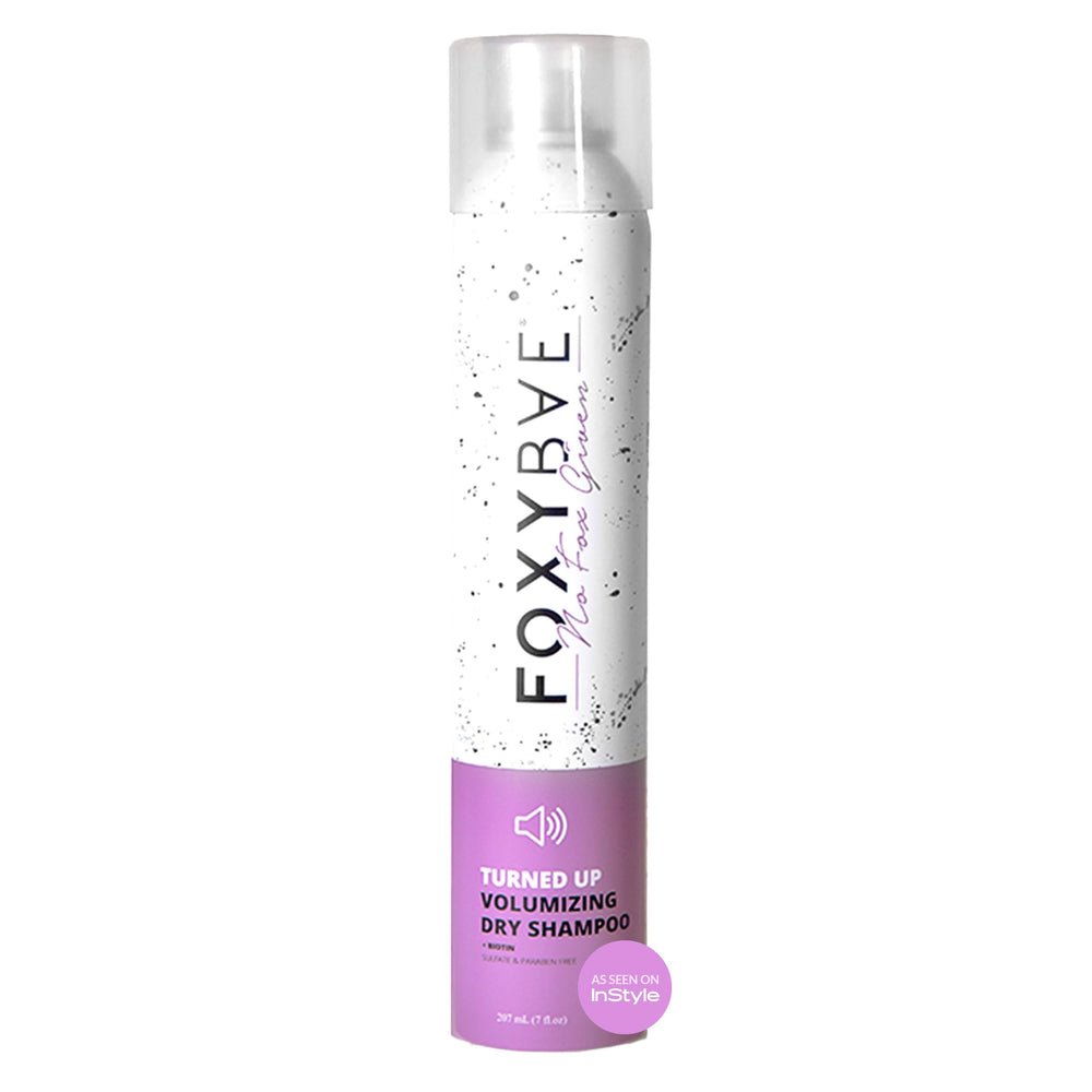 FoxyBae Turned Up dry shampoo bottle boosts freshness without washing.