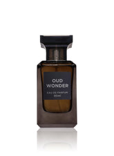 Fragrance World Oud Wonder bottle-front view, rich oud aroma ideal for evening wear.