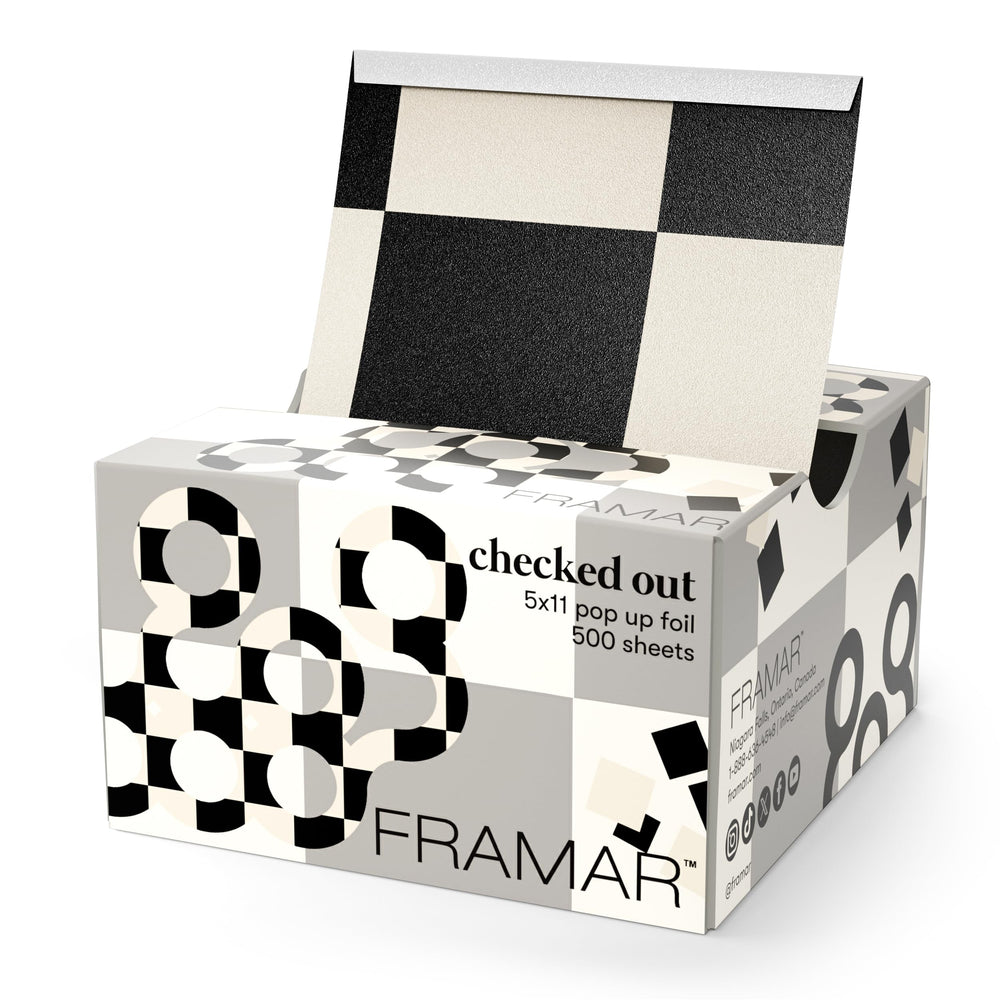 FRAMAR Checked Out Hair Foil packaging shows durable embossed foil for smooth color application.