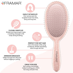 FRAMAR Glitter Hair Brush Detangler Rose used on wet hair to reduce snagging