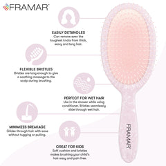FRAMAR Iridescent Wet Hair Brush detangling action shows flexible bristles for gentle detangling.