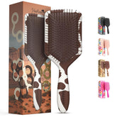 FRAMAR paddle hair brush detangler with cow print, smooths knots with gentle bristles