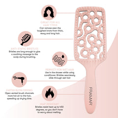 FRAMAR Professional vented brush close-up on the comfortable handle grip for better control.