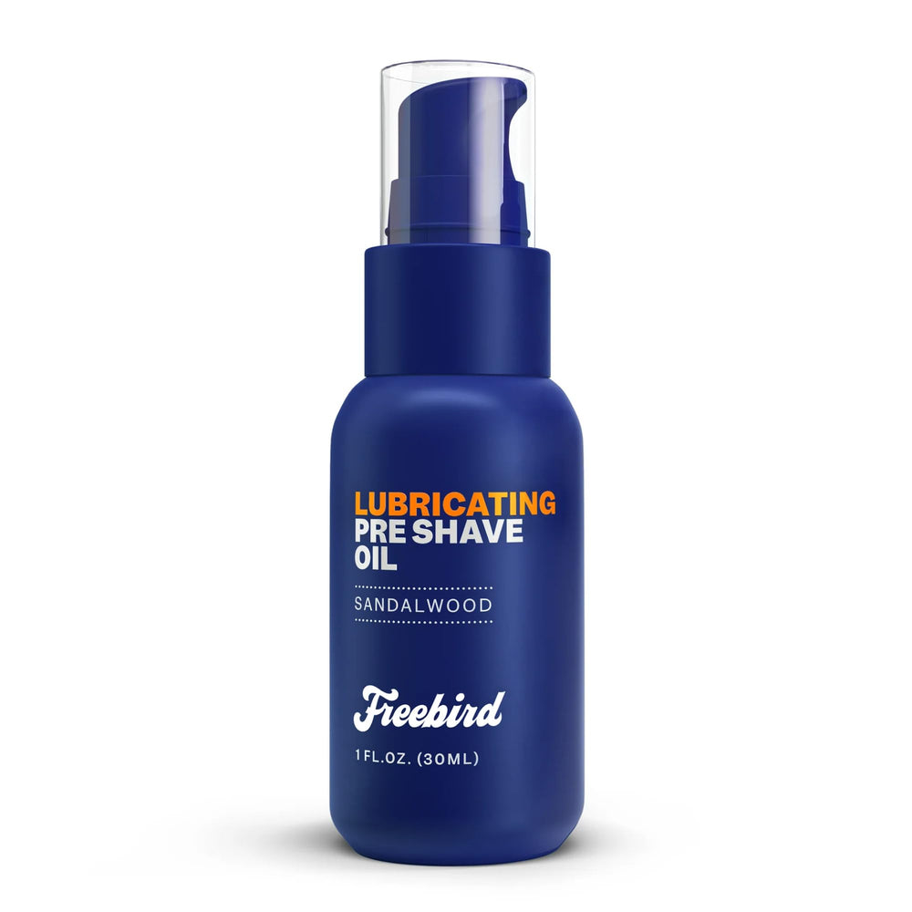 Freebird pre shave oil sandalwood bottle promotes smooth shaving.