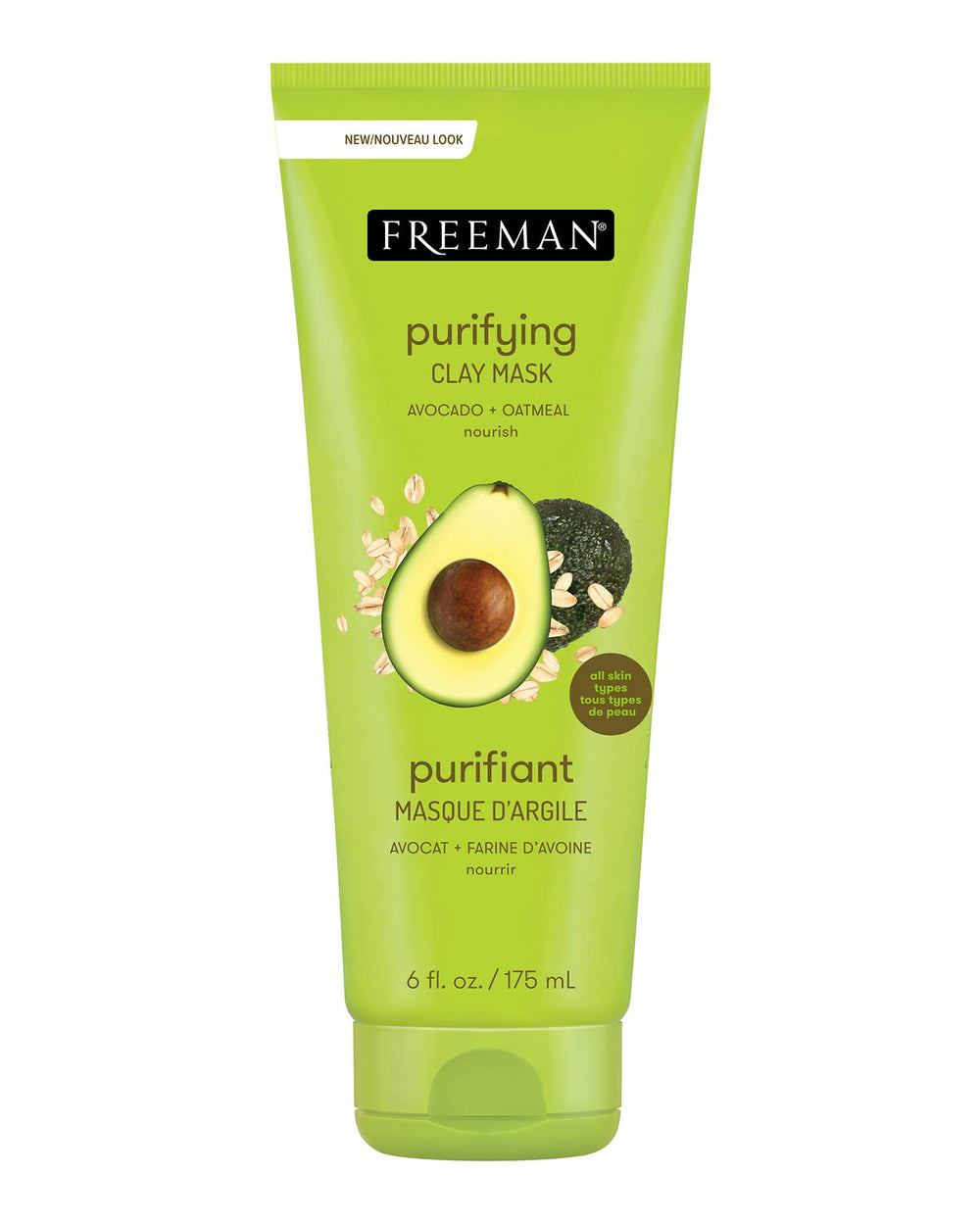 Freeman avocado oatmeal mask packaging on shelf highlights natural ingredients.