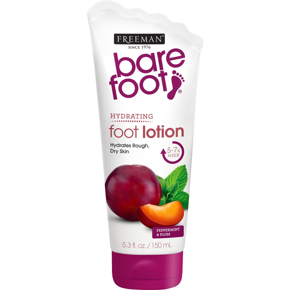 Freeman Bare Foot Hydrating Foot Lotion jar highlighting peppermint plum formula for dry feet and soothing tired feet.