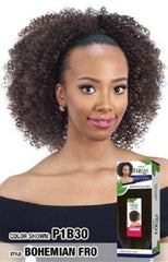 FreeTress Equal drawstring ponytail 1B close-up texture highlights premium feel and natural sheen.