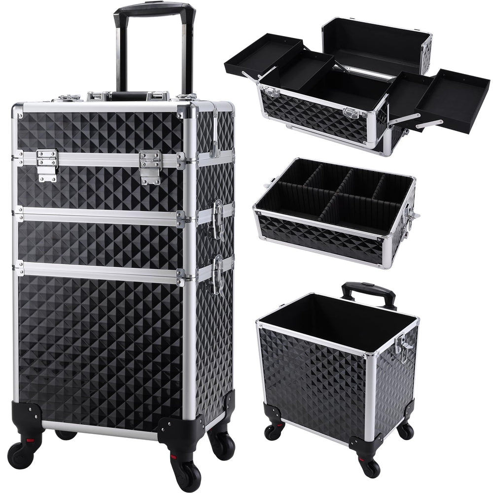 FRENESSA 3-in-1 rolling makeup case top compartment for organized on the go.