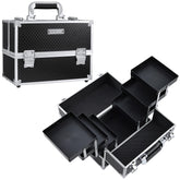 Frenessa makeup train case opened with six trays for organized cosmetics on the go.