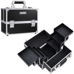 Frenessa makeup train case opened with six trays for organized cosmetics on the go.