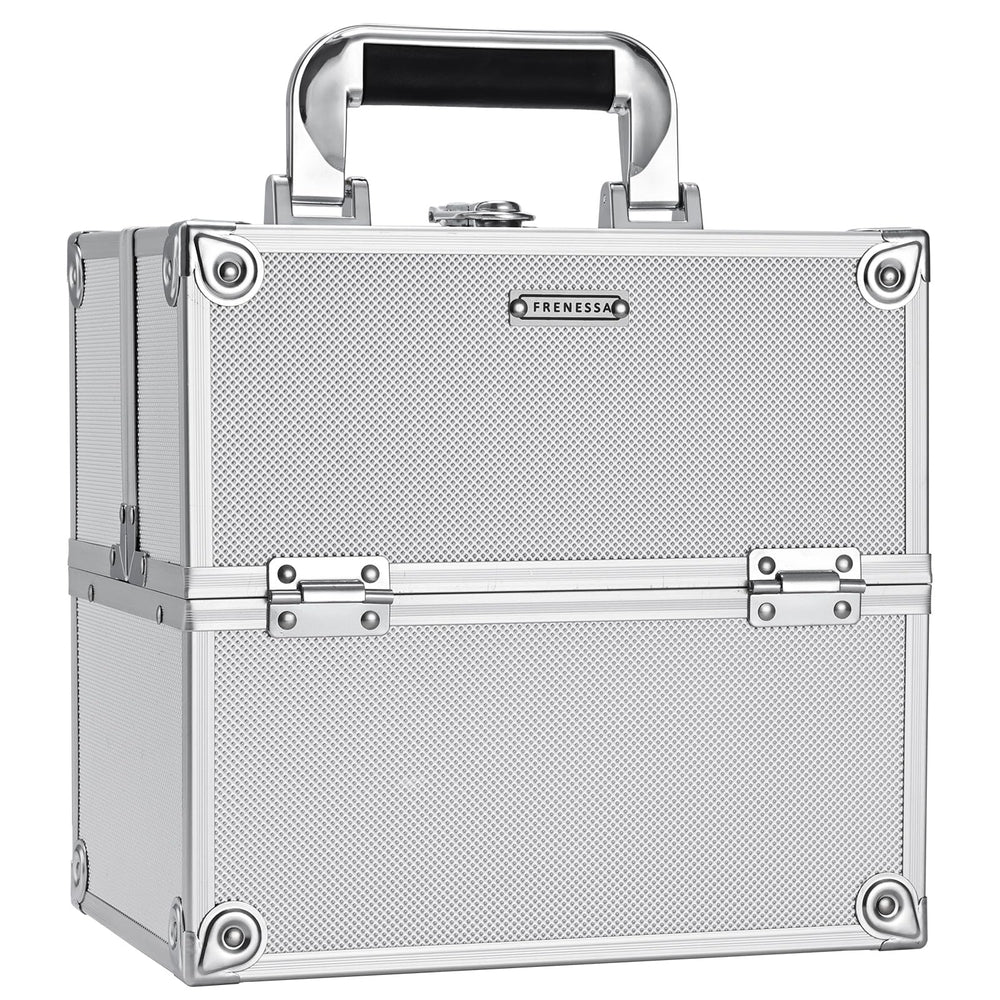 Frenessa makeup train case open lid shows organized interior for travel-ready cosmetics.