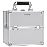 Frenessa makeup train case open lid shows organized interior for travel-ready cosmetics.