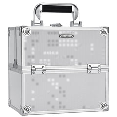 Frenessa makeup train case open lid shows organized interior for travel-ready cosmetics.