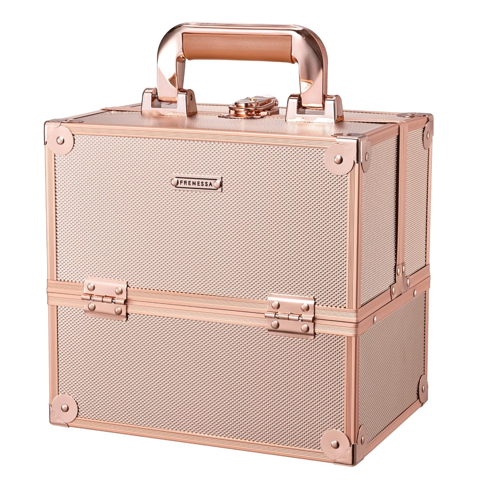 FRENESSA makeup train case in rose gold, closed lid for secure travel.