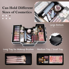 Frenessa makeup-train-case trays-open showing four-tier cantilever design for easy access.