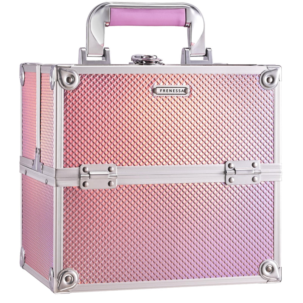 Frenessa Mermaid Pink makeup case front view shows sturdy ABS housing for travel.