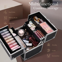 Frenessa train-case inside-trays with adjustable partitions keeping cosmetics organized.